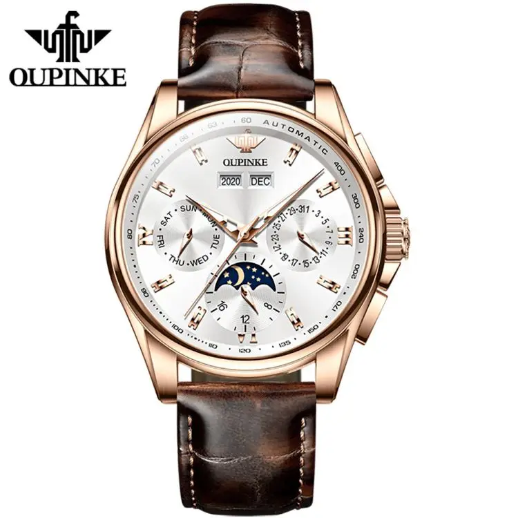 

OUPINKE 3189 Men Mechanical Watch Luxury Automatic Clock Leather Sapphire Waterproof Sports Moon Phase Wristwatch With Gift Box