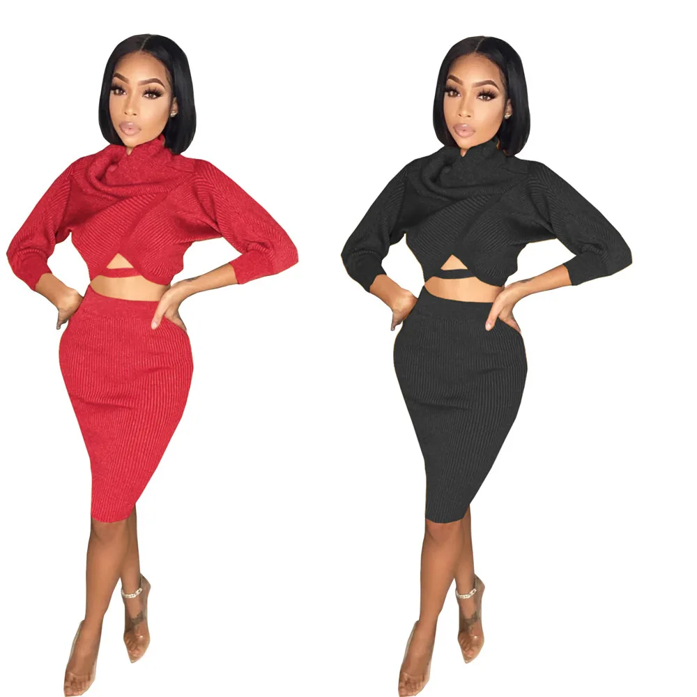 

B54252A Wholesale western style women fashion pure color long sleeve skirts set, Black/red