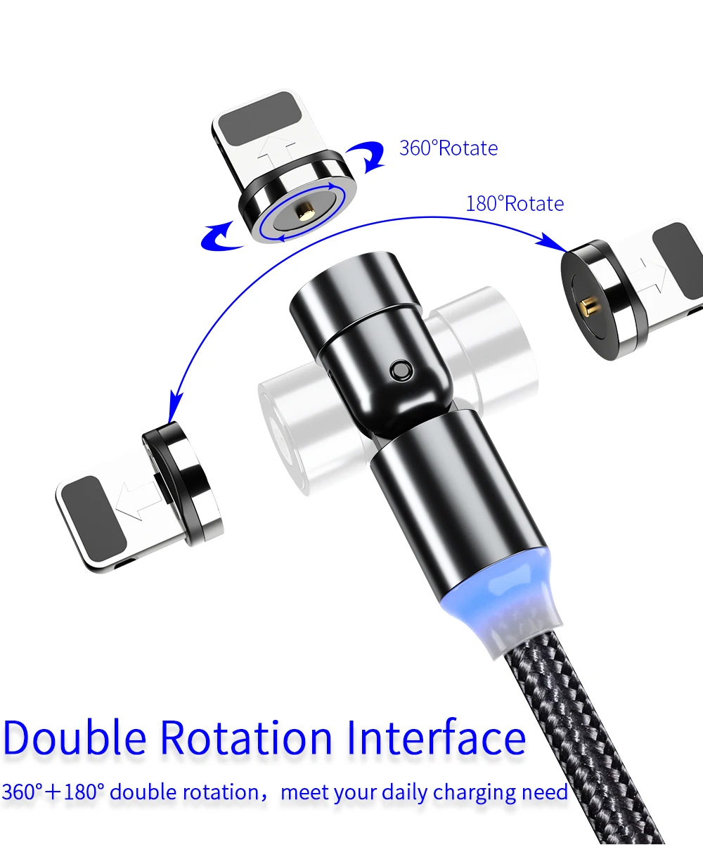 3 in 1 magnetic usb cable 3A fast charge 540 degree rotation magnet data lines magnetic charging cable - ANKUX.COM