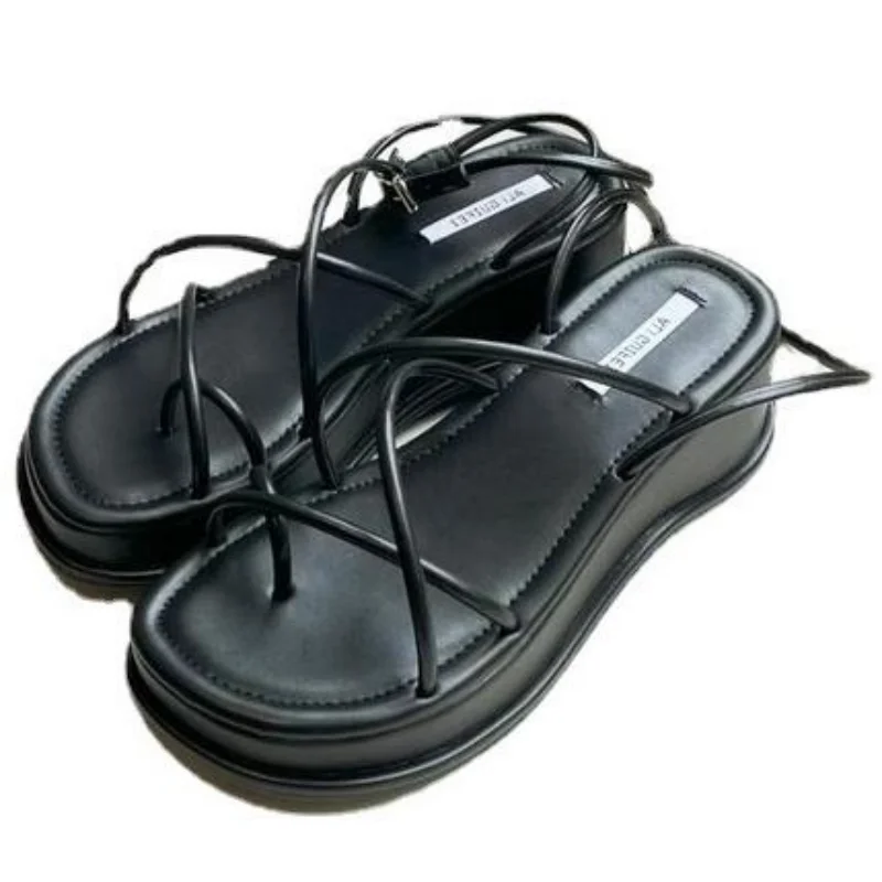 

Dropshipping Custom Logo Summer Cross Strappy Women Black Wedges Sandals Womens Platform Chunky Wedge Heel Sandals