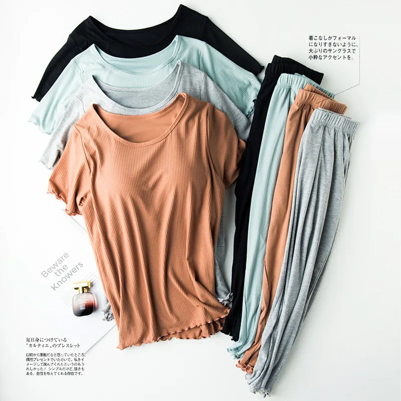 

Japanese-style cotton thin sleepwear women's summer short-sleeved cropped pants suit with chest pad cup casual stretch loose hom