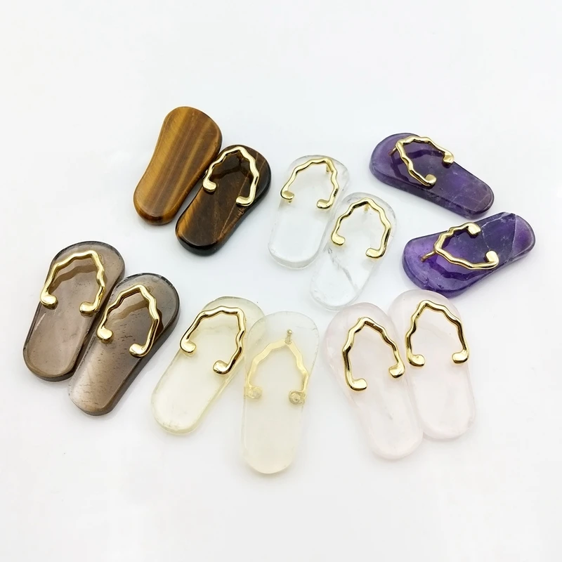 

Natural Cute Clear Crystal Slipper Pendant Genuine Gemstone Tiger Eye Stone Rose Quartz Amethyst Gold Plated Jewelry for Gift, Multi natural pendant