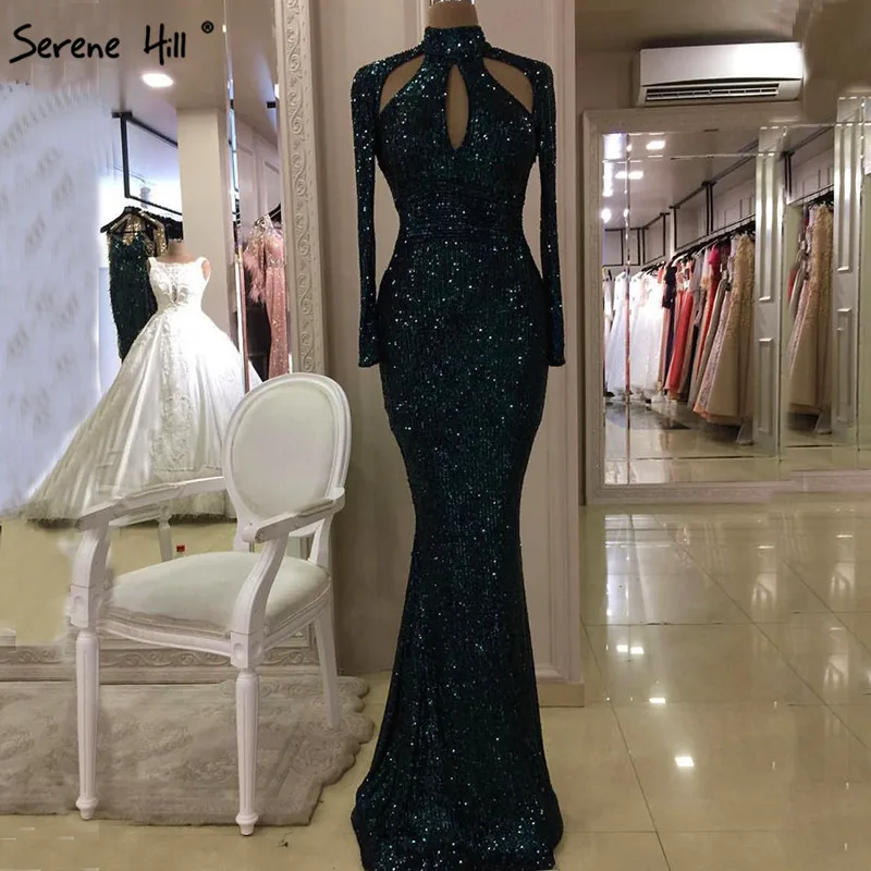 

Sexy Green High Neck Sequined Lady Evening Dresses 2021 Serene Hill LA6314 Elegant Full Sleeves Long Party Gowns For Women