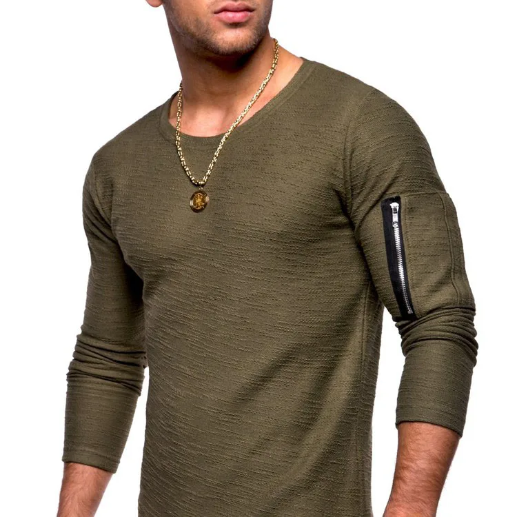 

sleeve arm zipper personality casual bottoming long sleeve loose t-shirt men