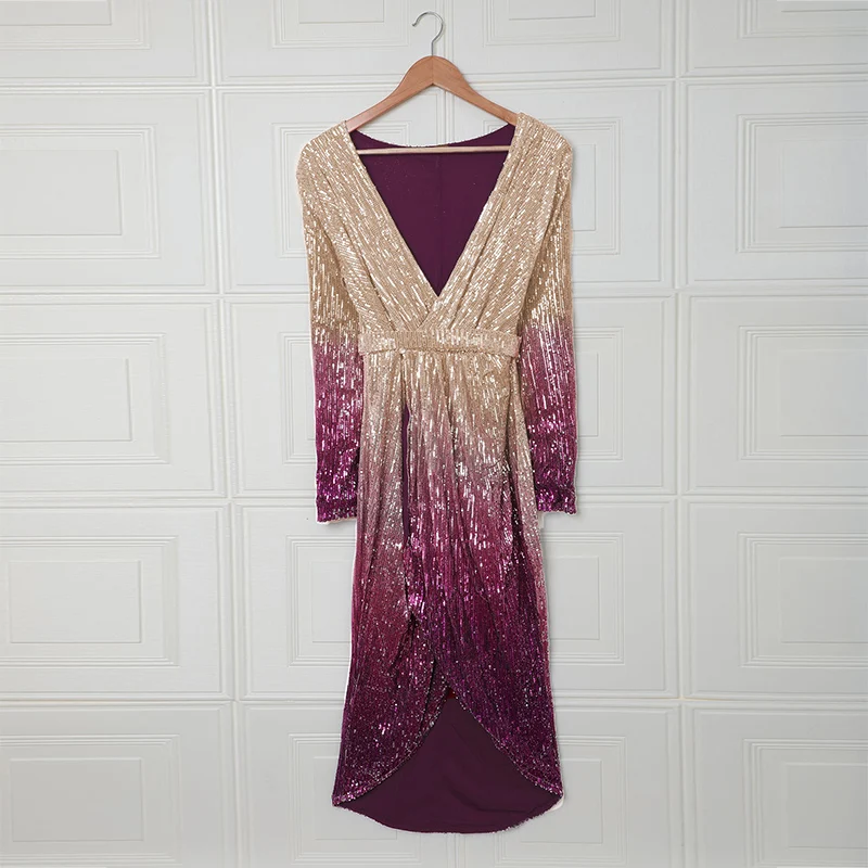 

Women V Neck Long Sleeves Ombre Wrapped Ruched Irregular Party Sequin Evening Dress