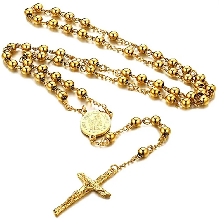 

FaithHeart Catholic Rosary Beads Necklace, Holy Saint Michael/Christopher/Virgin Mary/Saint Benedict Medal with Cross Crucifix, Golden