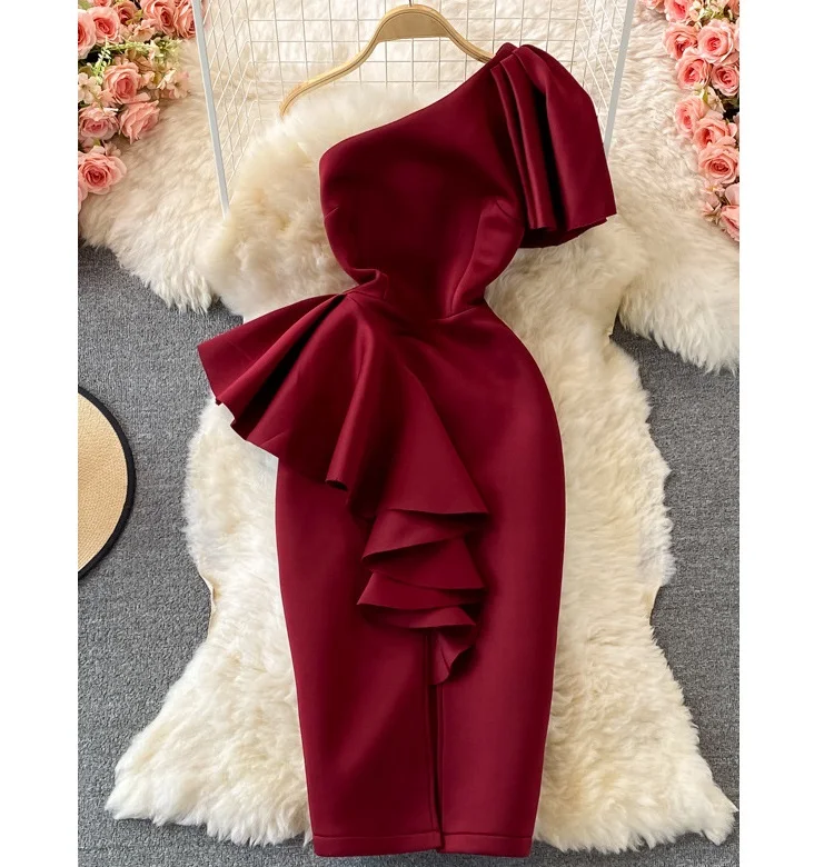 

New Fashion Women Sleeveless Solid Off The Shoulder Slit Pencil Ruffle Casual Party Evening Dress Elegant