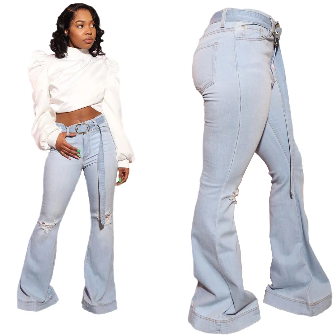 

L99439 Wholesale Luxury High Waist Casual Frazzle Hole Jeans with Belt