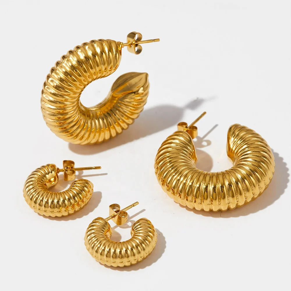 

Stylish Waterproof Jewelry Textured Earrings Gold Plated Stainless Steel Charms Chunky Hollow Hoop Stripe Earrings