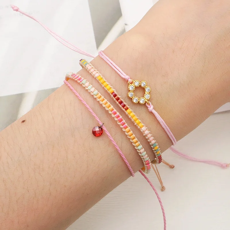 

Custom Pink 4 piece set bracelet handmade ajustable miyuki bead Jewelry Trendy Female Gold Plated crystal flower charm Bracelet, Multi