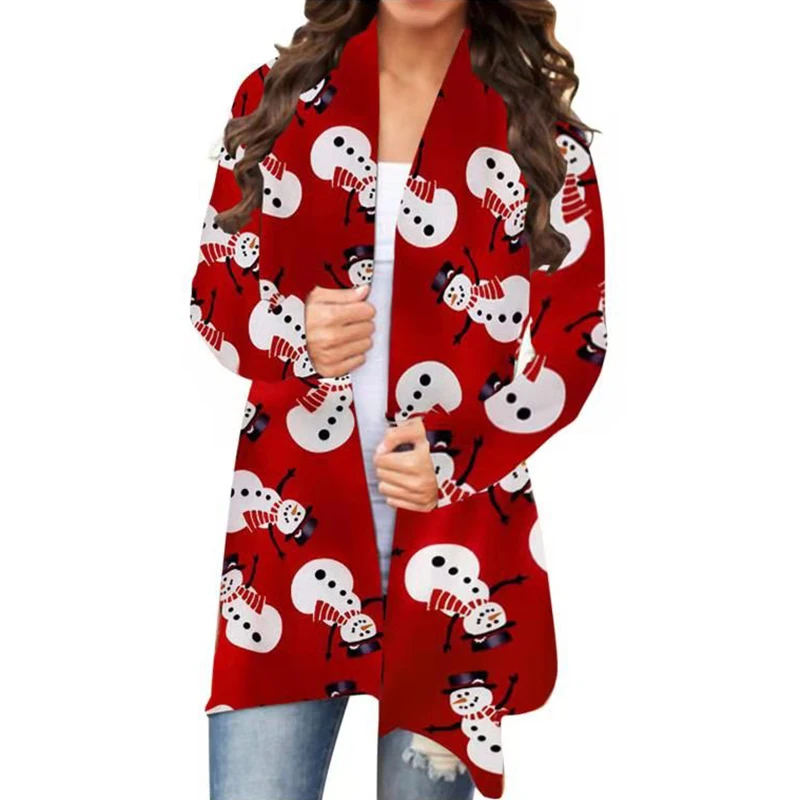 

Womens Christmas Print Long Sleeve Tops Open Front Cardigan Kimono Holiday Cute Santa Reindeer Snowman Tree Print Outwear