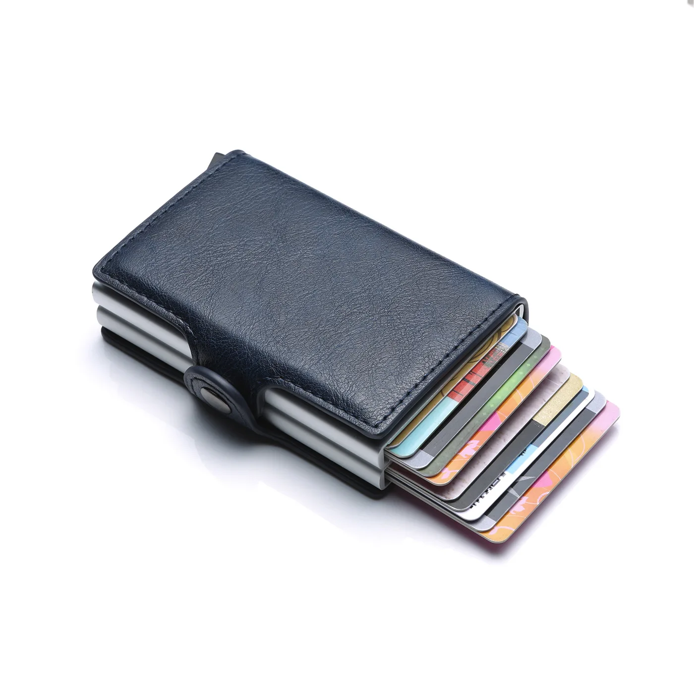 

Anti-theft Men Wallet double Aluminum Leather Credit Card Holder RFID Metal Wallet Automatic Pop Up Purse ID Cardholder