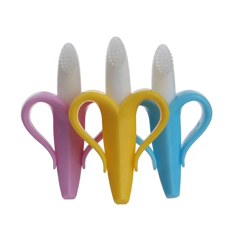 Wholesale fruit banana baby toothbrush teether toy for kids baby teething toy silicone baby teether