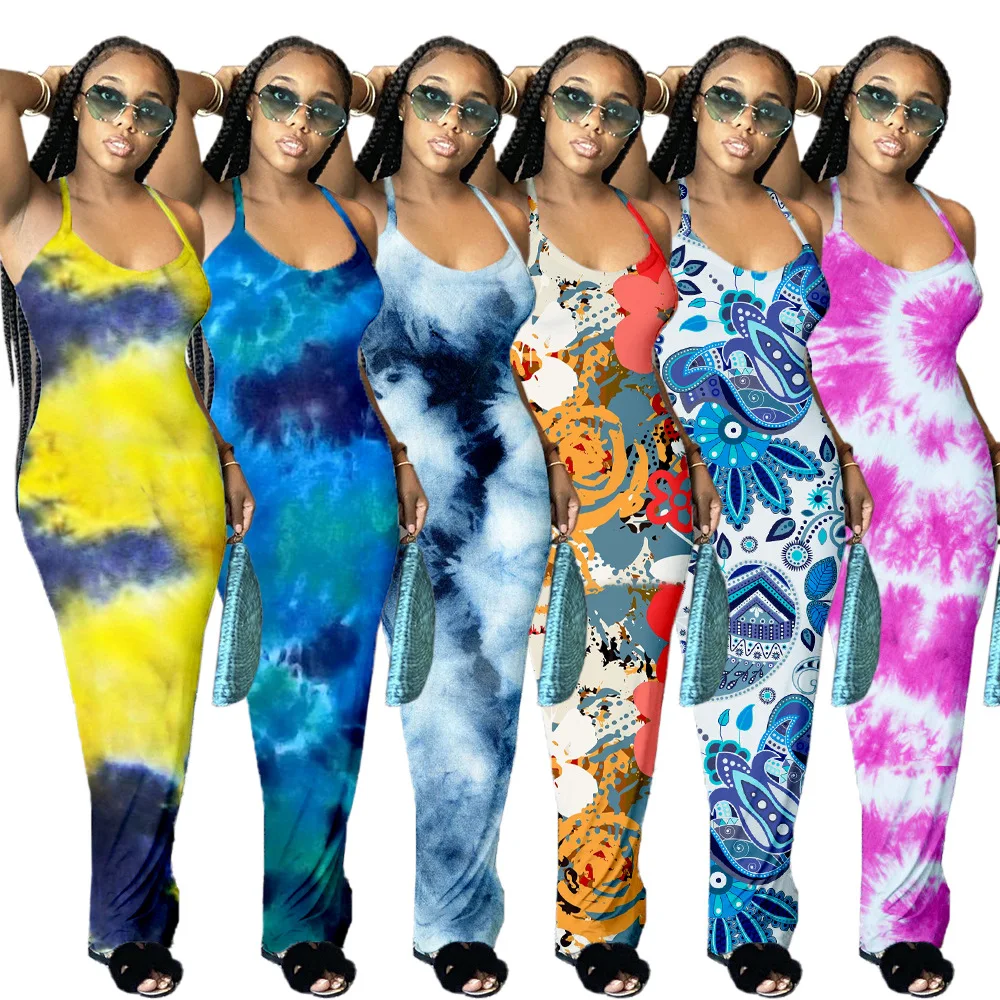 

Stock 2022 New arrival casual tie dye long dresses halter ladies clothing women bodycon maxi dress