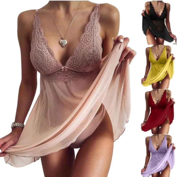 

Wholesale Camisole Hot Romantic Sexy Sleepwear With Panties Lace Lingerie Women Plus Size Night Dress Pyjama, Picture shows