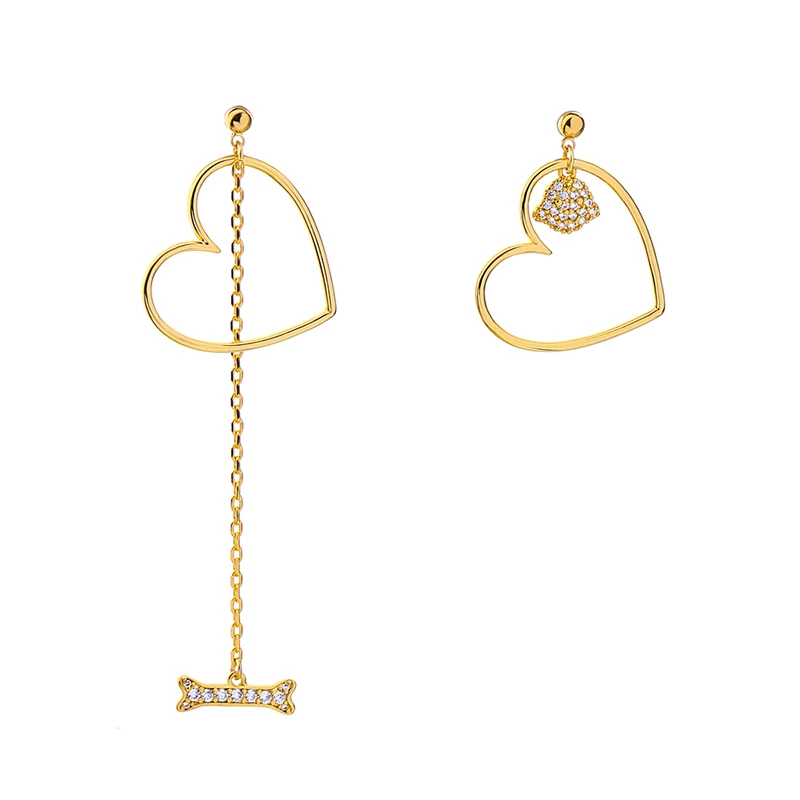 

me0064 Mismatched Red Enamel Heart Charm Bone Dangle Zircon Jewelry Copper Gold Silver Asymmetrical Pendant Earrings