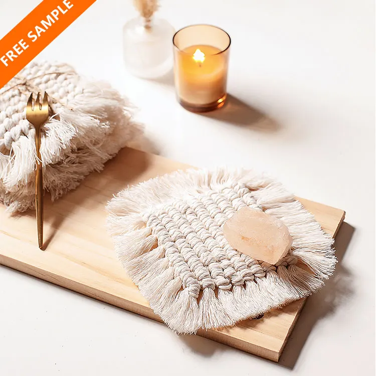 

Boho nordic Indian Christmas luxury table decor wedding cotton woven tea coffee drink candle tassels macrame cup mat coaster