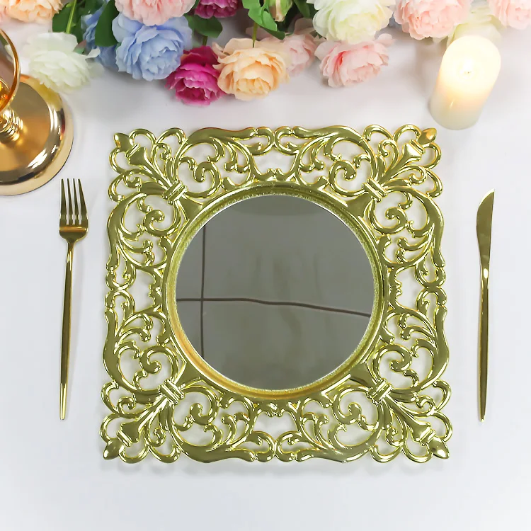 

Elegant Gold Square 12 inch Plastic Chargers Plates For Dinner Wedding Decoration Dishes