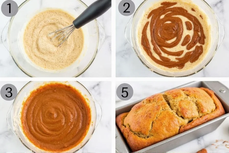 Step-by-step photos of easy cinnamon bread preparation showing mixing batter, creating cinnamon swirl, and finished loaf