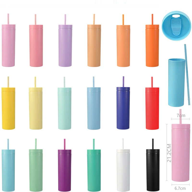 

SKINNY Double-layer Plastic Tumblers Frosted Water Bottle 16OZ Sports Water Cup Tumbler with Straw, Multi colors