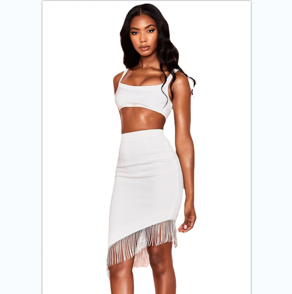 

D8702 Tank top tassel diamond irregular middle skirt white two-piece set for women Tzitzit bandage dress bodysuit