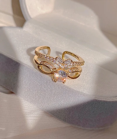 

Designer Inspired Geometrical Bowknot Shape 18K Gold Plated Zircon Diamond Jewelry Rings For Women