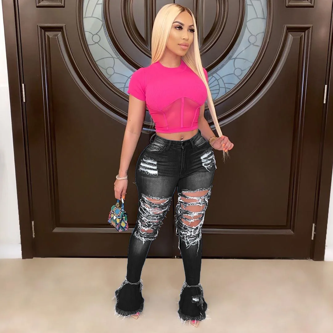 

Fashion stretch Elastic women jeans denim pants flare slim ripped jeans women