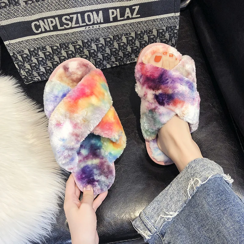 

Cross Band Slippers Soft Plush Furry Home Shoes Flip Flop Indoor Outdoor Fur Women's Sandals For ladies and kids, As photo