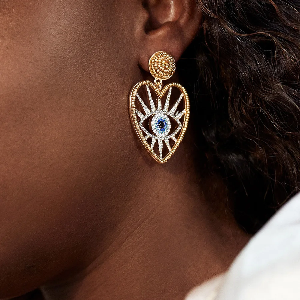 

Exaggerated Hollow Rhinestone Heart Shape Drop Earrings Gold Plated Turkish Devil's Eye Women Earrings(KER622), Same as the picture