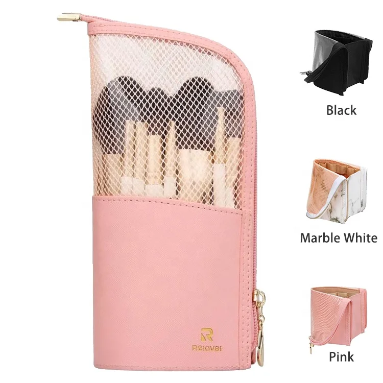 

Relavel Dual Function Pink Small Waterproof Stand Up Organizer Divider Makeup Brush Holder For Travel