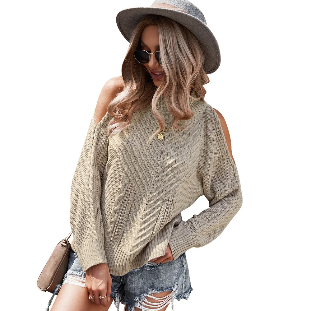 

Independent research and development design European and American Amazon sweater 2021 autumn and winter solid color off-shoulder