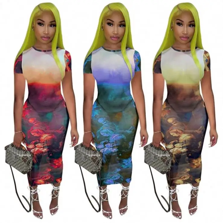 

Hot Sale Short Sleeve Elegant Casual Dresses Summer Women O Neck Printed Career Maxi Dresses