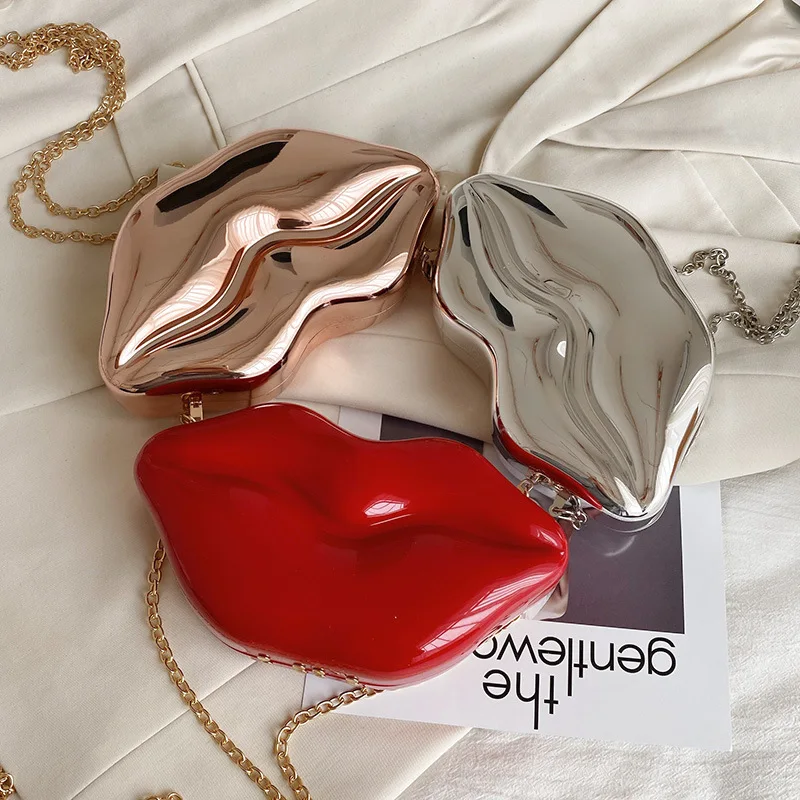 

2021 Acrylic Lips Shape Women Handbags And Purses PVC Evening Party Clutch For Ladies Fashion Luxury Chain Crossbody Bags, Colorful