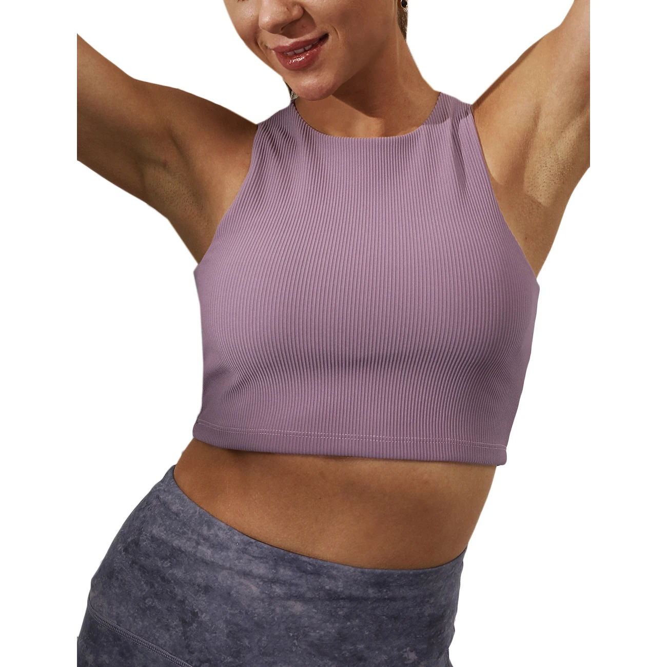 

Simple Design Ribbed Sports Bra Sleeveless Woman Activewear Tops for Yoga, Black, pink taupe