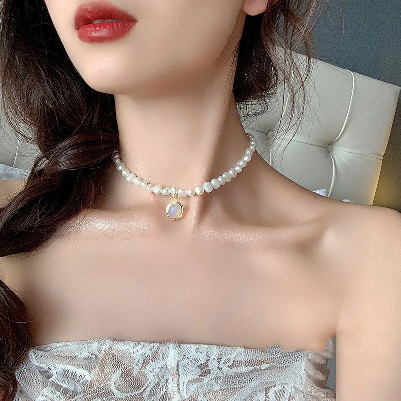 

Baroque 18K Gold Plated Choker Necklace Pearl Necklace Women Moonstone Pendant Natural Freshwater Necklace Women