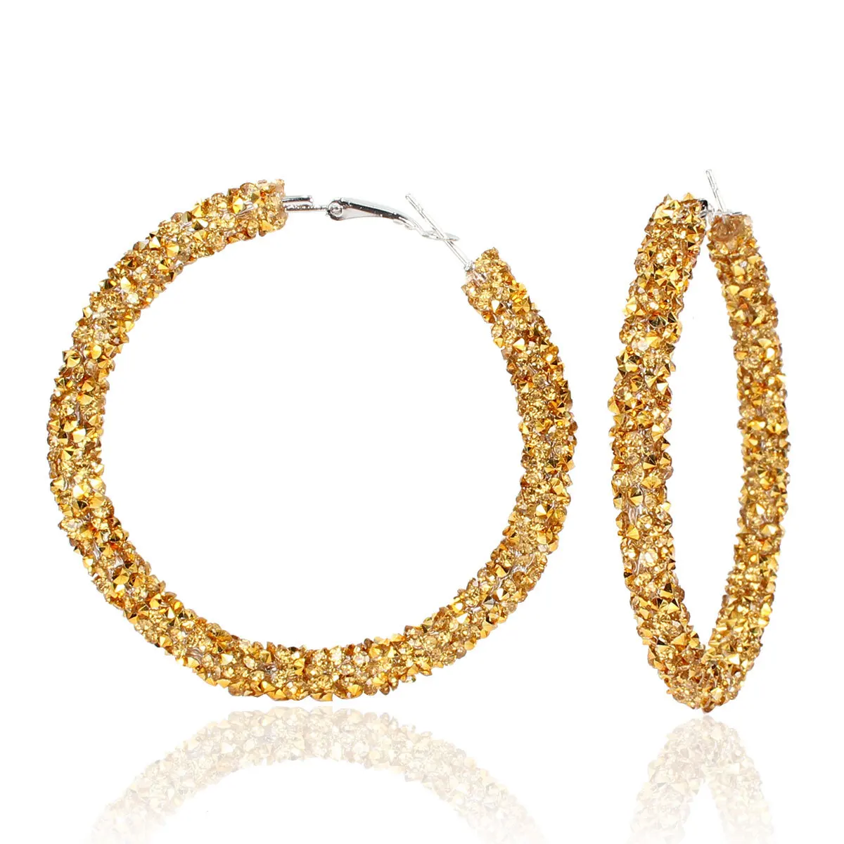 

Luxury Big Gold Circle Shiny Rhinestone Diamond Women Hoop Earrings, Customized color