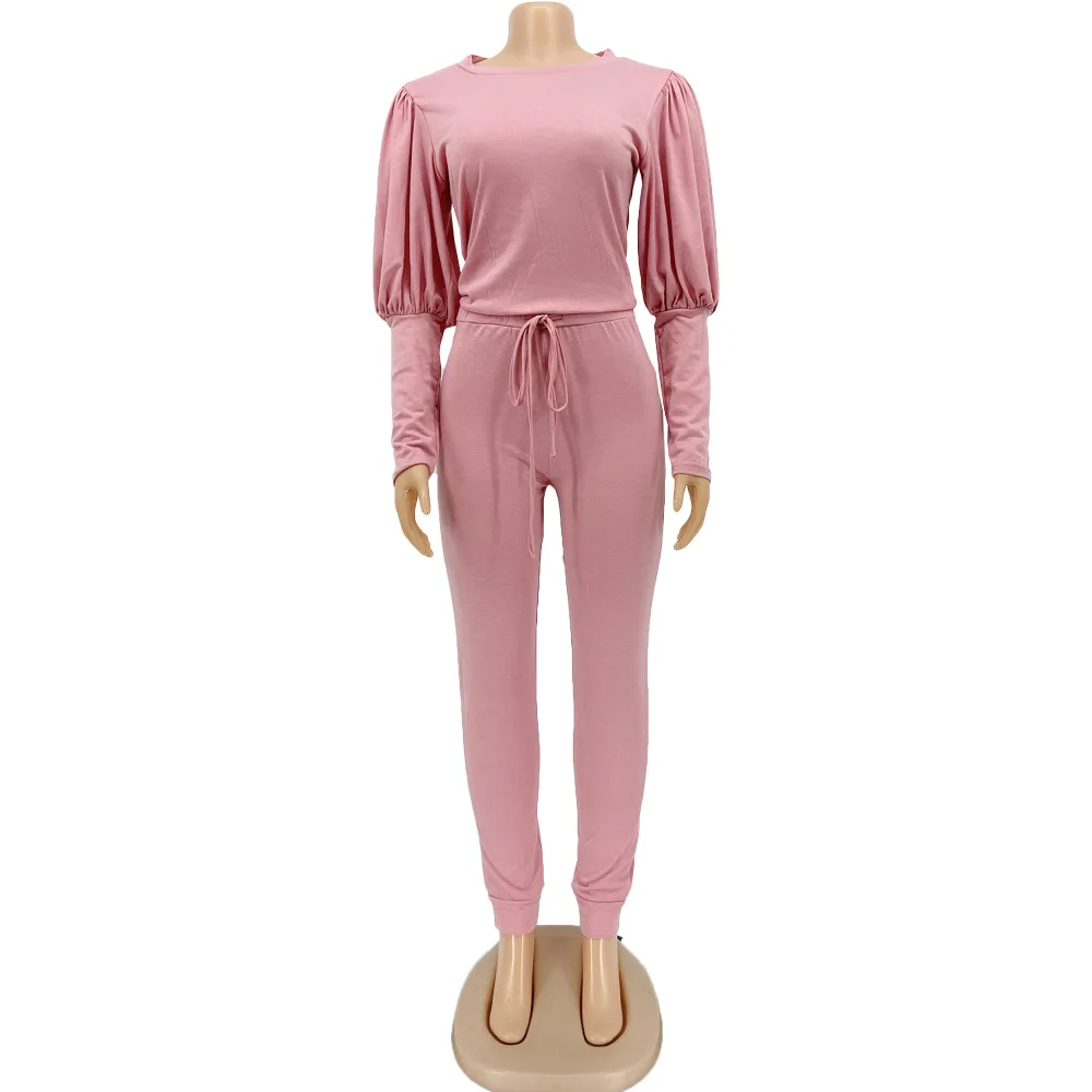 

Long Sleeve women autumn bubble sleeves cotton casual jumpsuit