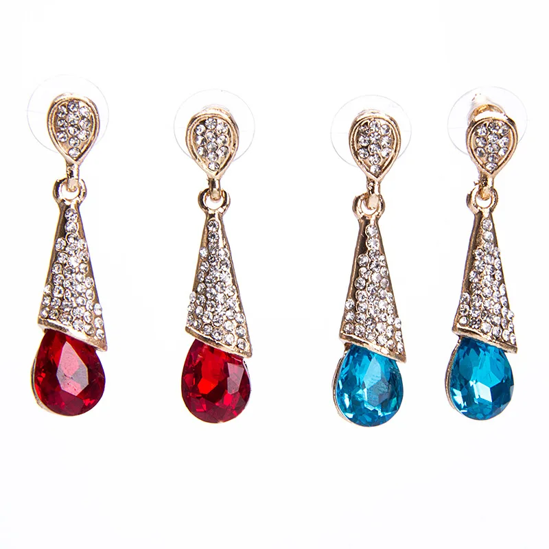 

SC New Arrival Sparking Gold Plated Long Tassel Earrings Vintage Geometric Rhinestone Drop Stud Earrings for Women Girls, Red, blue