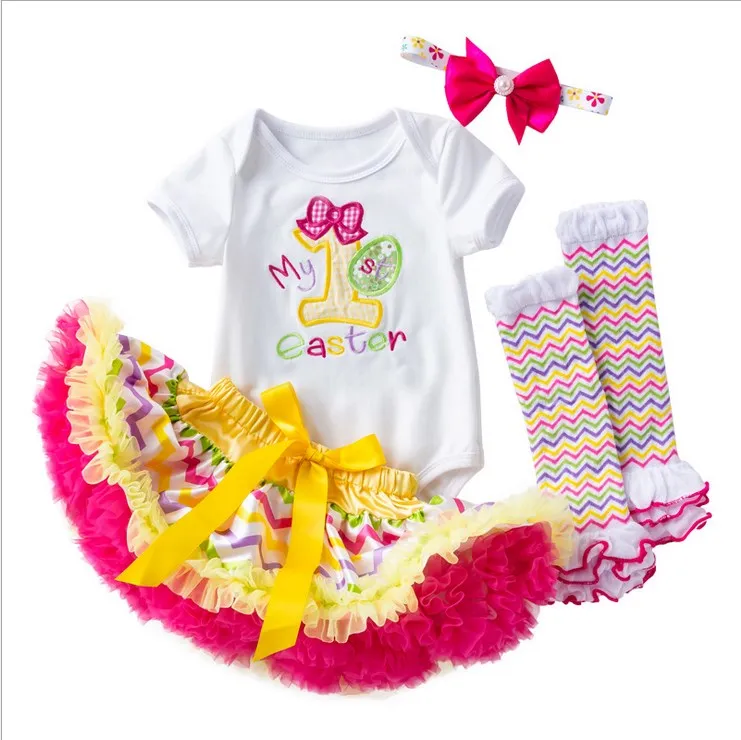 

Hot Sale Baby Colorful Bubble Skirt Embroidery Pattern Short Sleeve Romper Headband Leg Warmer 4pcs Set