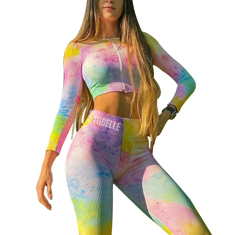 

2021 New Autumn Women's Printed Long sleeve Yoga set Colorful Top With Zipper and Fitness Tight Two Pieces Sports Wear Suit