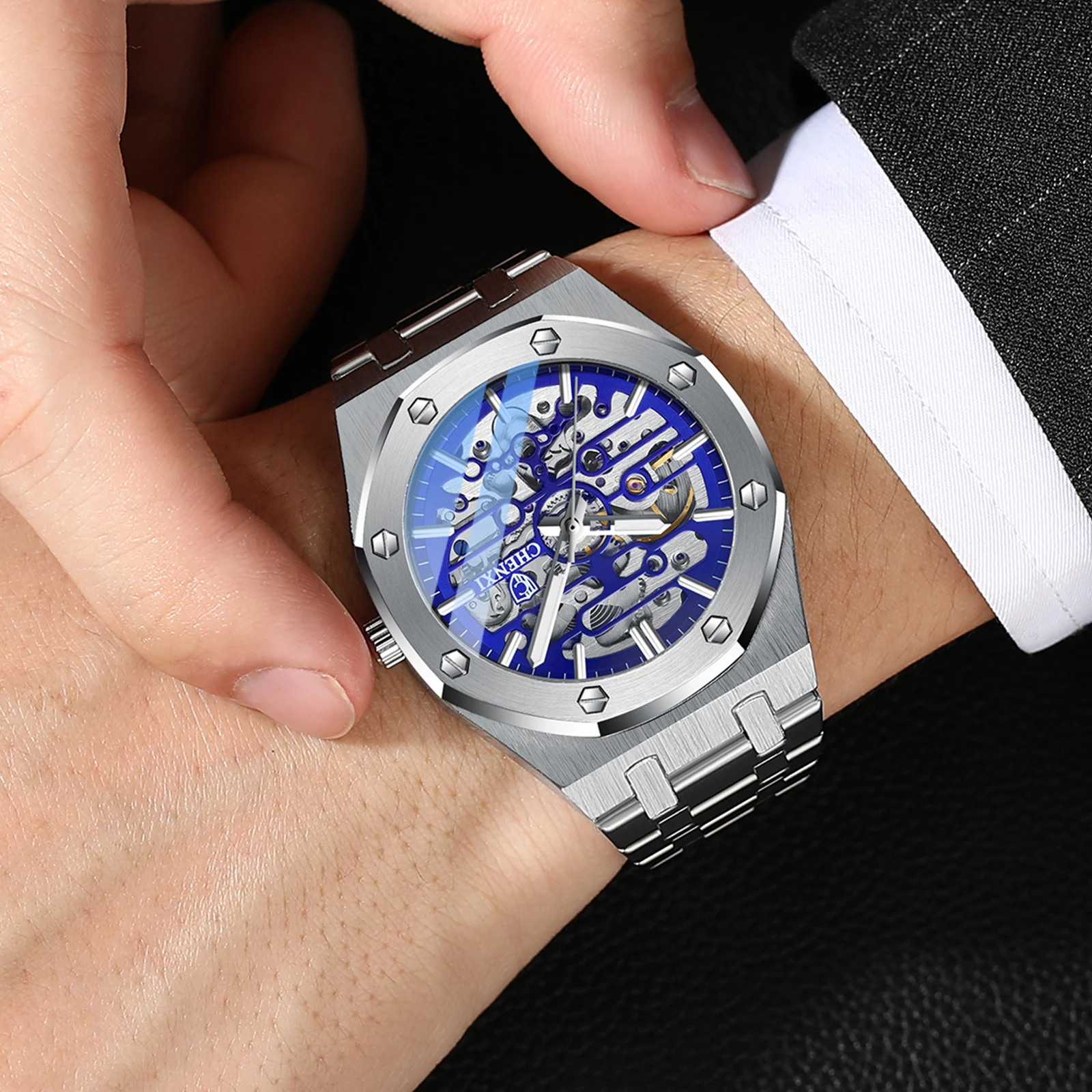 

Quality Goods Custom 316l Steel Pilot Winner Transparent Skeleton Watch 2th Hand Mechanical Watches, As shown in the picture