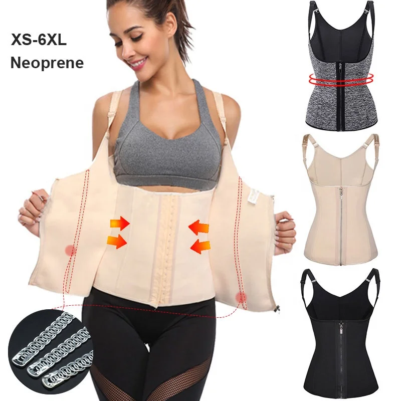 

Manufacture Plus Size Shoulder Strap Corset Hook And Zip Body Shaper Fajas Women Sweat Belt Sauna Neoprene Waist Trainer Vest, Black,skin