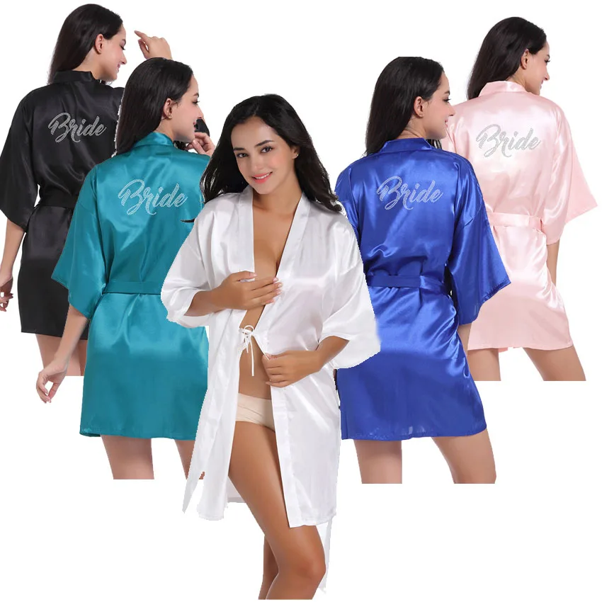

ecowalson glitter bride satin short bride robe bridal sash peignoir women Bridal Party kimono robe
