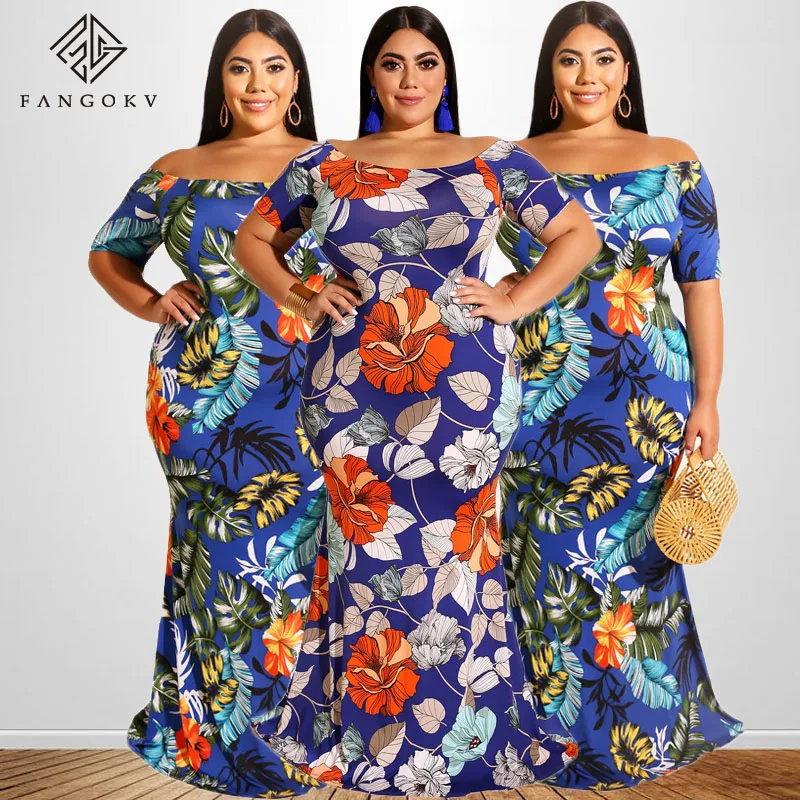 

New Arrive Spring Fall Women Clothing Plus Size Dresses Floral Layered Ruffle Off Shoulder Dress 5XL, Red,blue