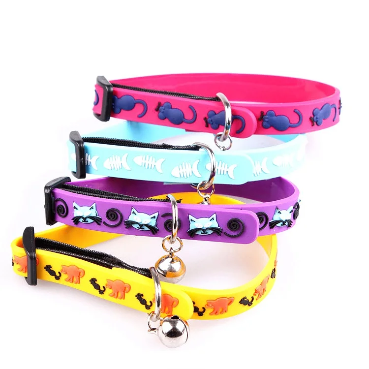 

Amazon New Hot FBA Adjustable Durable Colourful Cartoon Safety Control Silicone Puppy Kitty Cat Rubber Collar with Bell, Random colors