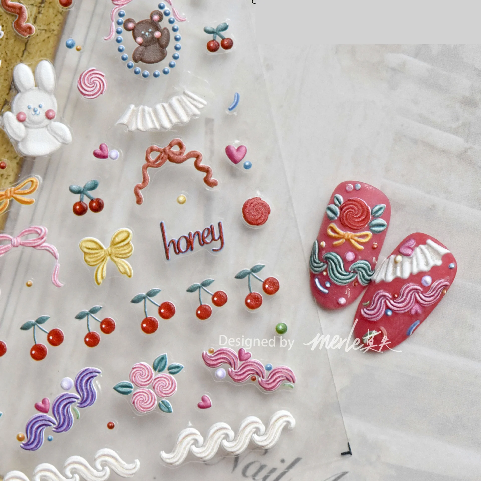 

Paso Sico Super Cute Kawaii Rabbit Bear Animal Party Cherry Unique 5D Nail Art Stickers for Other Nail Salon Products