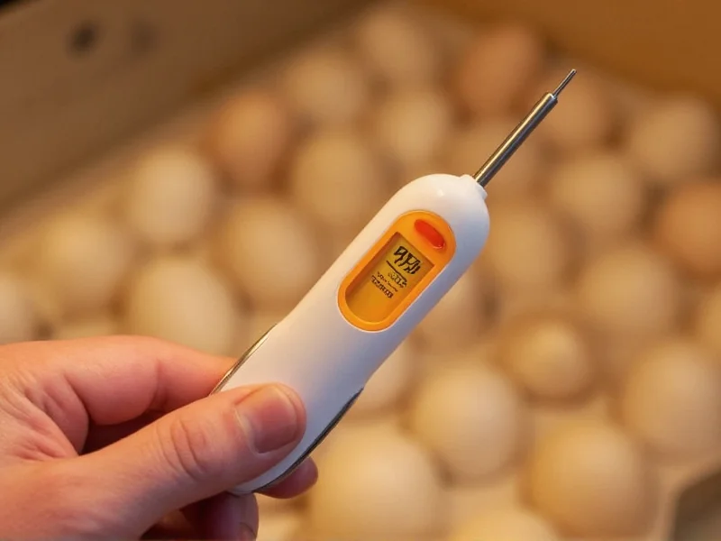 Digital thermometer showing 99.5 degrees in egg incubator