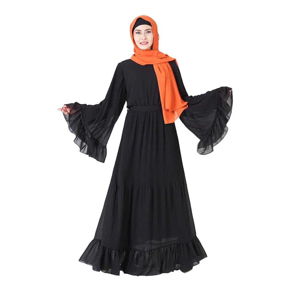2019 new model stitching solid color fashion Muslim loose women dress fashion chiffon black abaya