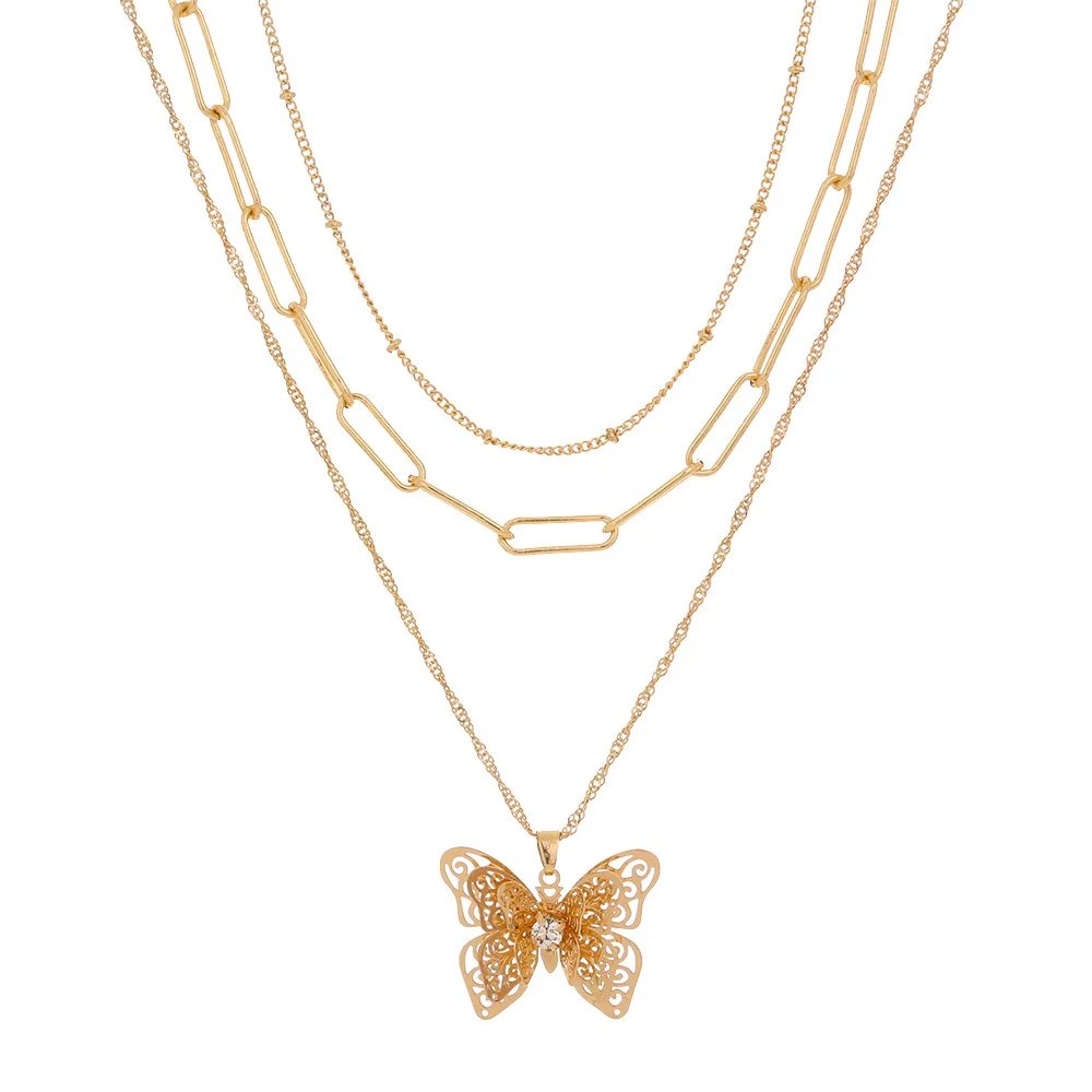 

Summer Hot Trendy Butterfly Jewelry Necklace Simple Crystal Multi Layer Cuban Link Butterfly Pendant Necklace Set