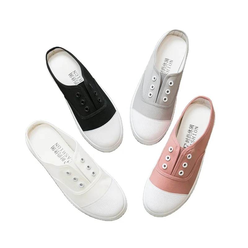 

2021 Students Cheap Fashion Versatile Pedal Women Casual Canvas Flat Lazy Shoes grils half slippers, Black/white/grey/pink